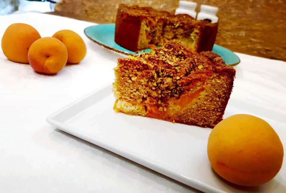 Apricot and Almond Sponge – topped with crushed Pistachio and Maple Syrup