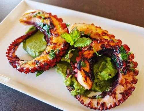 Grilled Octopus on a bed of Broccoli Cream