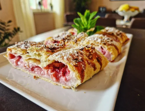 Strudel-like filled with Milk & Strawberries Cream, topped with Honey and crushed Pistachio